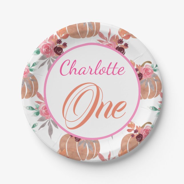 Cute First Birthday One Fall Autumn Floral Pumpkin Paper Plates (Front)