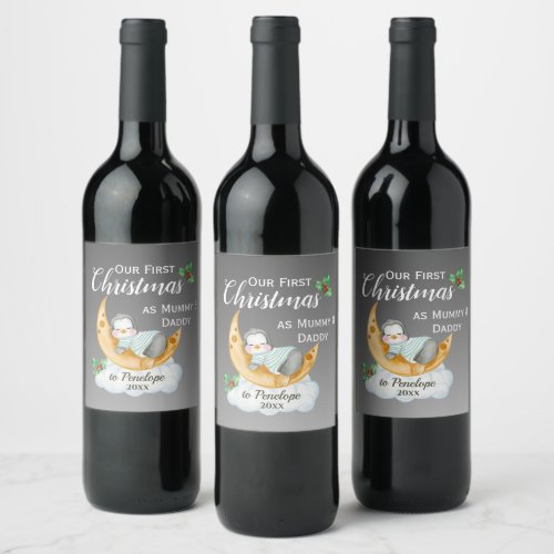 Cute First Christmas as Mommy  Daddy Baby Penguin Wine Label