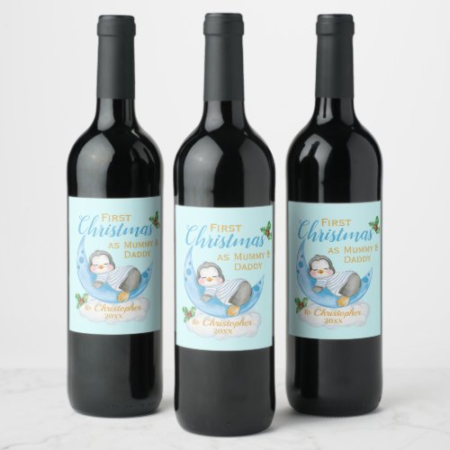 Cute First Christmas as Mommy  Daddy Blue Penguin Wine Label