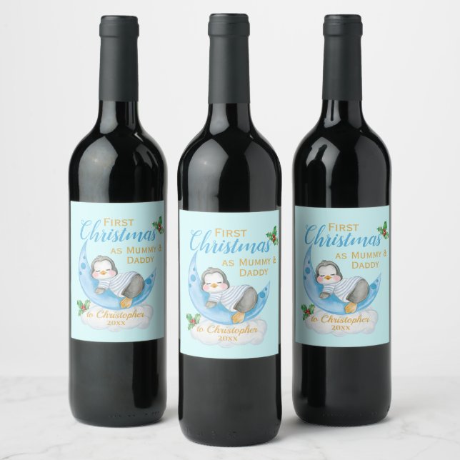 Cute First Christmas as Mommy & Daddy Blue Penguin Wine Label (Bottles)