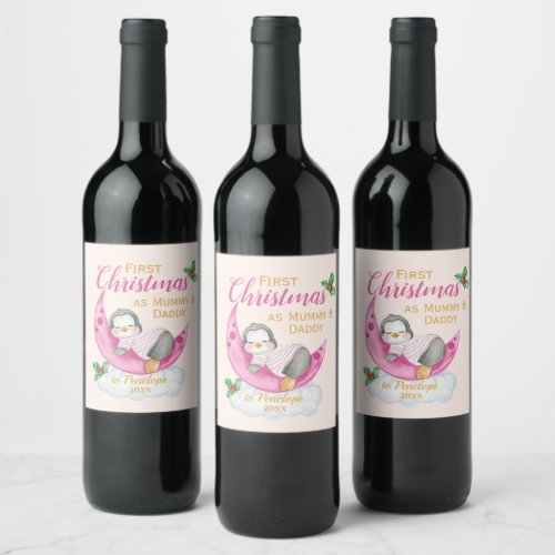 Cute First Christmas as Mommy  Daddy Pink Penguin Wine Label