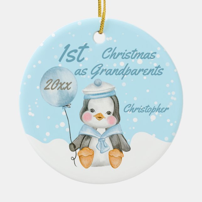 Cute First Christmas Baby Penguin Grandparents Ceramic Ornament (Front)