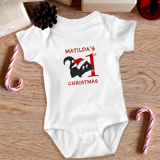 Cute First Christmas Black Kitty Cat Girls Baby Bodysuit (Santa Kitty Cat is here to celebrate your little one's 1st Christmas. Just add your name)