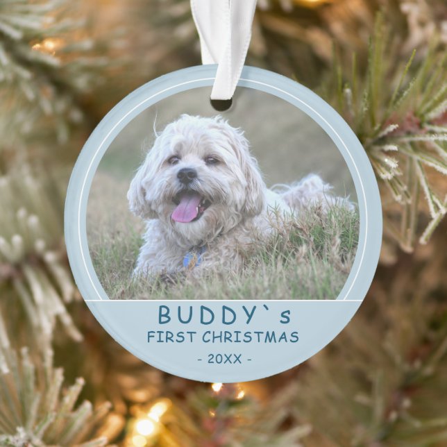 Cute First Christmas Blue Puppy Dog Pet Photo Ornament (Tree)
