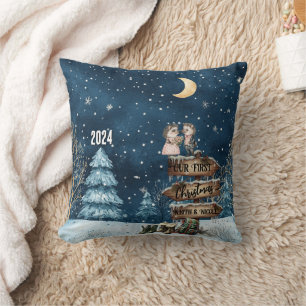 Cute First Christmas Couple Newlyweds Mountain Throw Pillow