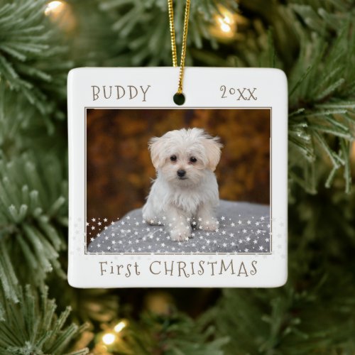 Cute First Christmas Dog Pet Photo Stars Ceramic Ornament
