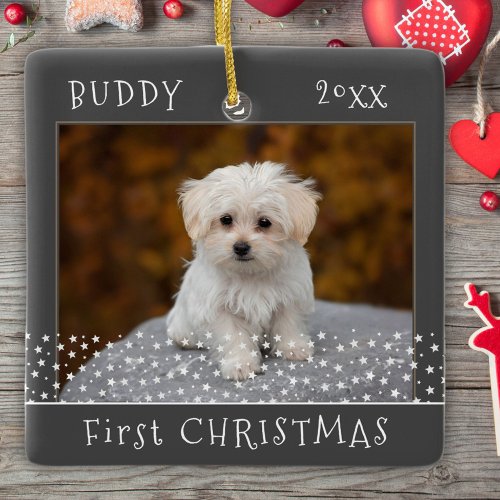 Cute First Christmas Dog Pet Photo Stars Gray Ceramic Ornament