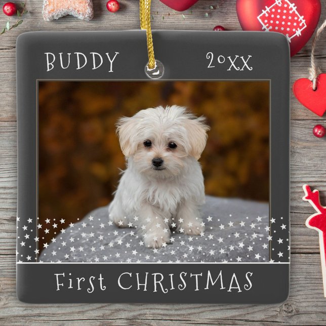 Cute First Christmas Dog Pet Photo Stars Gray Ceramic Ornament (Creator Uploaded)