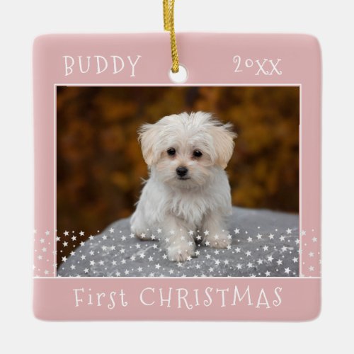 Cute First Christmas Dog Pet Photo Stars Pink Ceramic Ornament