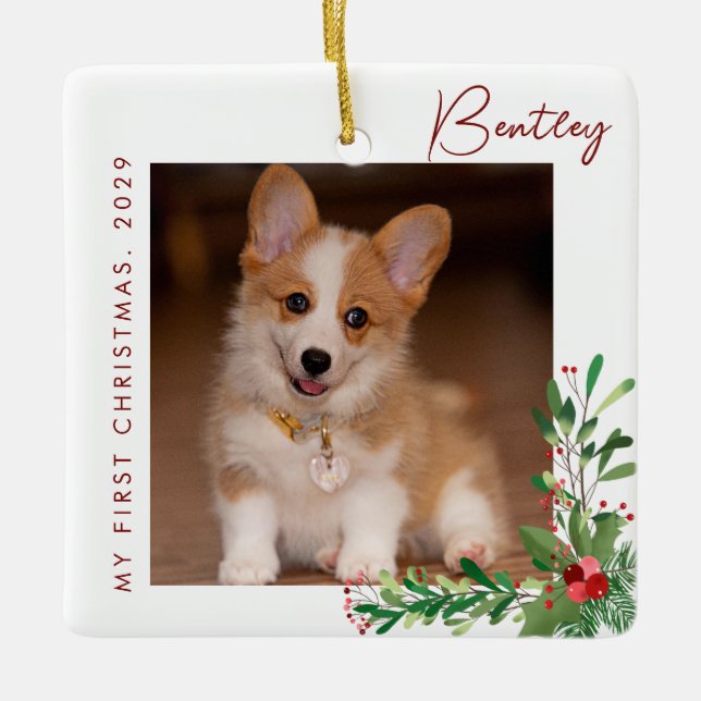 Cute First Christmas Dog Photo Ceramic Ornament (Front)