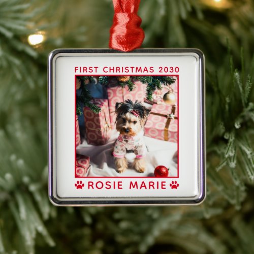 Cute First Christmas Dog Photo Name Year Custom Metal Ornament