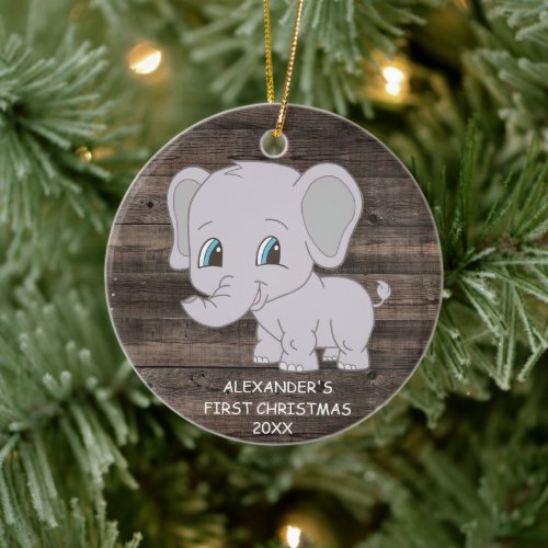 Cute First Christmas Elephant Boy Babys Ceramic Ornament