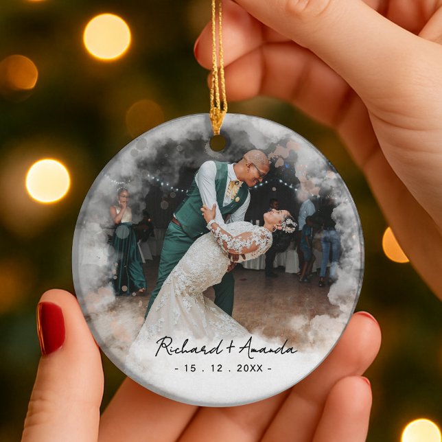 Cute first Christmas engaged faded photo Ceramic Ornament (Creator Uploaded)