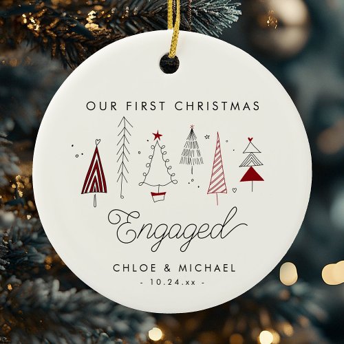 Cute First Christmas Engaged Whimsical Trees Ceramic Ornament