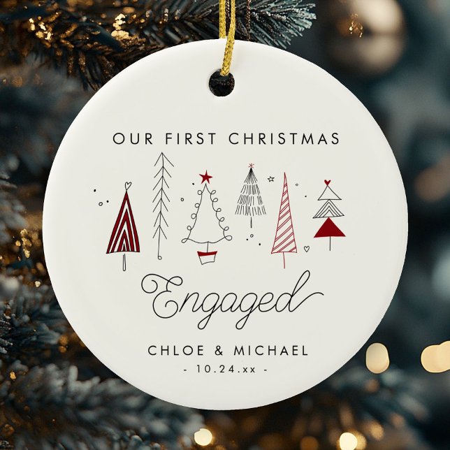 Cute First Christmas Engaged Whimsical Trees Ceramic Ornament (Creator Uploaded)