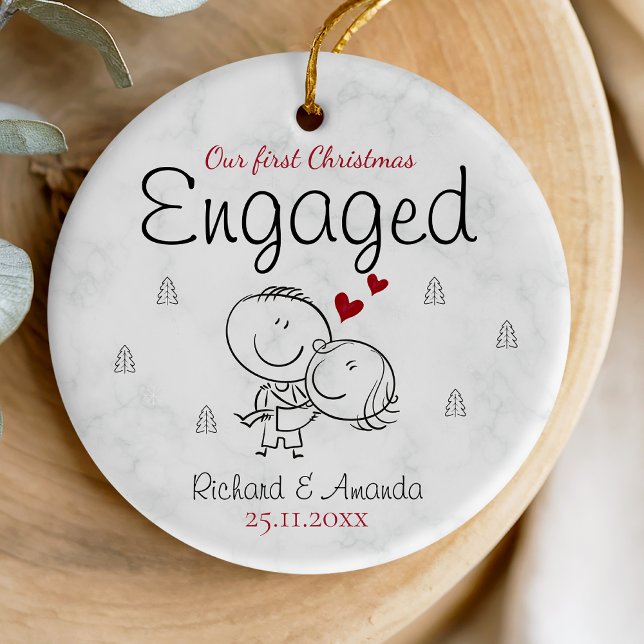Cute first Christmas engagement cartoony couple  Ceramic Ornament (Creator Uploaded)