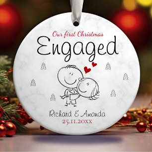 Cute first Christmas engagement cartoony couple  Ceramic Ornament