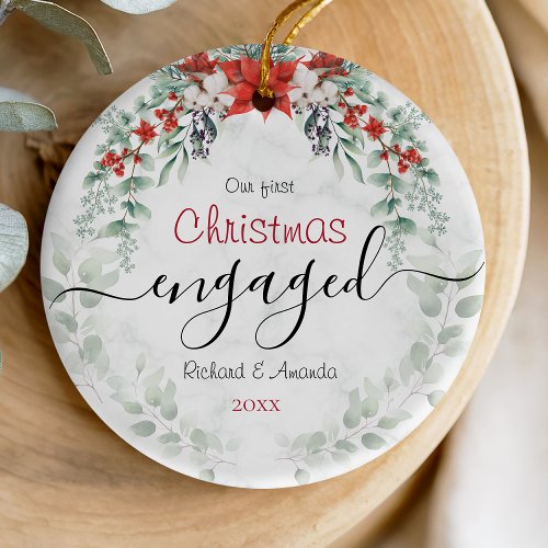 Cute first Christmas engagement red Poinsettia Ceramic Ornament