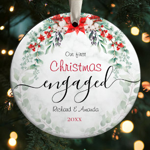 Cute first Christmas engagement red Poinsettia Ceramic Ornament