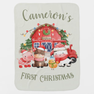 Cute First Christmas Farm Animals on Sage Baby Blanket