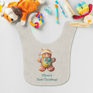 Cute First Christmas Gingerbread Man Personalized Baby Bib