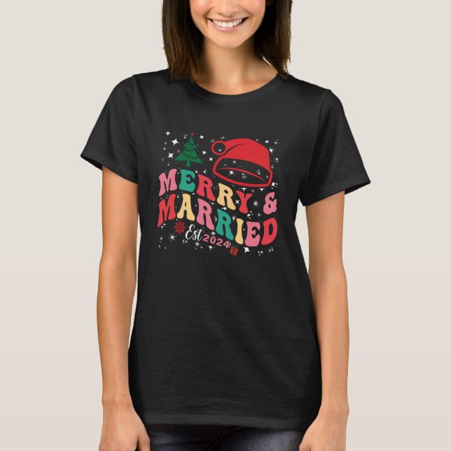 Cute First Christmas Married and Merry Newlyweds T-Shirt (Front)