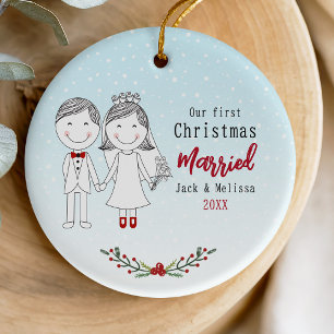 Cute first Christmas married bride and groom  Ceramic Ornament