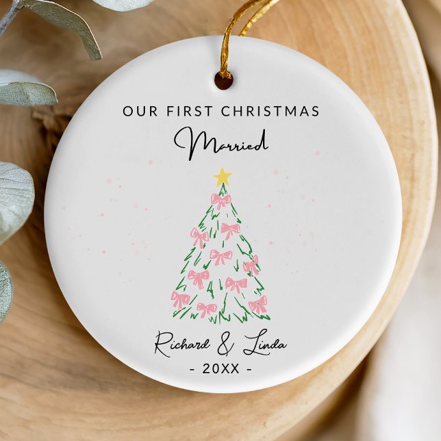 Cute first Christmas married coquette tree photo Ceramic Ornament (Creator Uploaded)