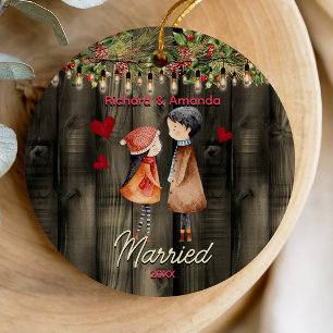 Cute first Christmas married couple rustic Ceramic Ornament