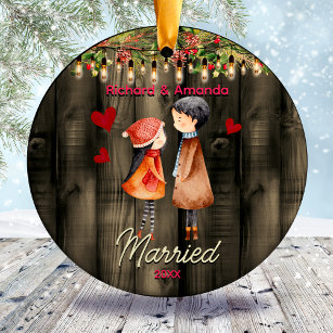 Cute first Christmas married cute couple  Ceramic Ornament