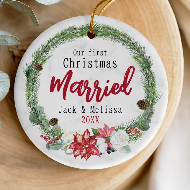 Cute first Christmas married green wreath Ceramic Ornament (Creator Uploaded)