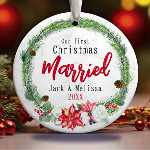 Cute first Christmas married green wreath Ceramic Ornament