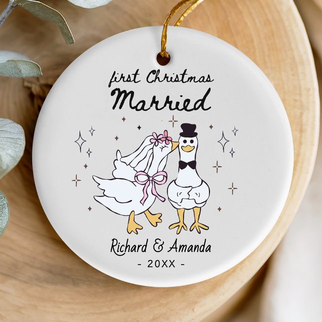 Cute first Christmas married silly goose Ceramic Ornament (Creator Uploaded)