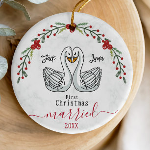 Cute first Christmas married white swans Ceramic Ornament