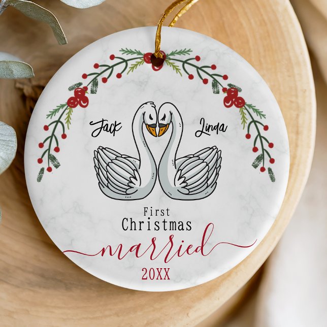 Cute first Christmas married white swans Ceramic Ornament (Creator Uploaded)