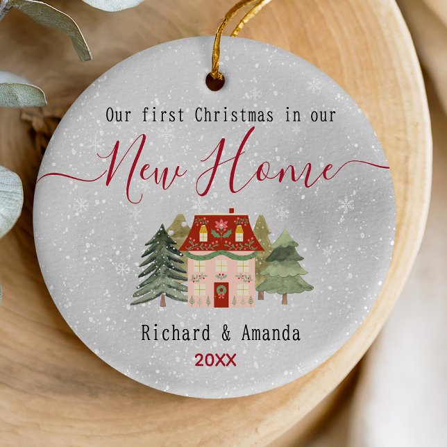 Cute first Christmas new home red house trees Ceramic Ornament (Creator Uploaded)