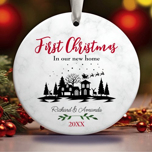 Cute first Christmas our new home black and white  Ceramic Ornament
