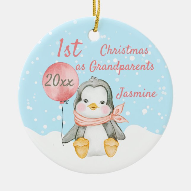 Cute First Christmas Penguin Grandparents Pink Ceramic Ornament (Front)