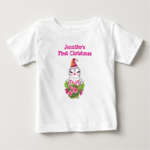 Cute First Christmas Penguin in Santa Hat Baby T_Shirt