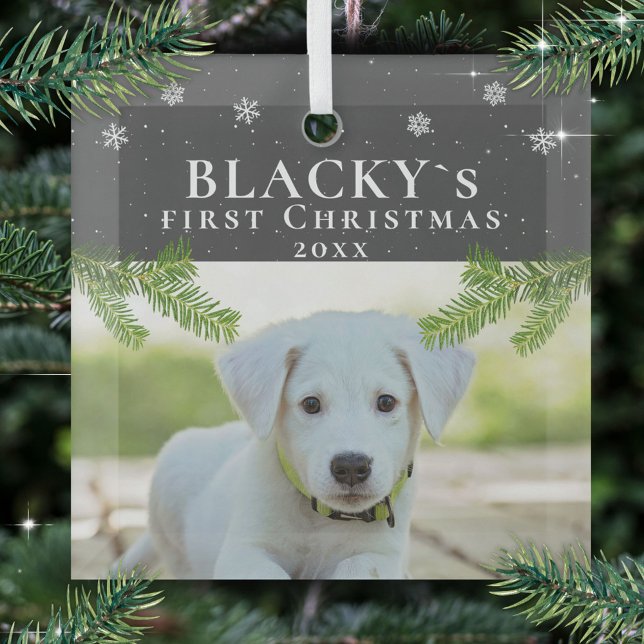 Cute First Christmas Puppy Dog Photo Pine Glass Ornament (Creator Uploaded)