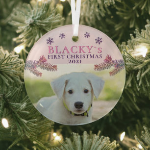 Cute First Christmas Puppy Pink Christmas Photo Glass Ornament