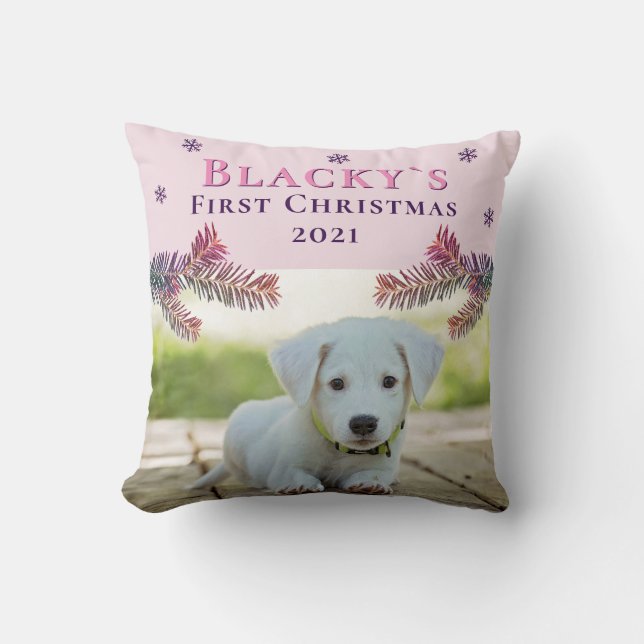 Cute First Christmas Puppy Pink Christmas Photo Throw Pillow (Front)