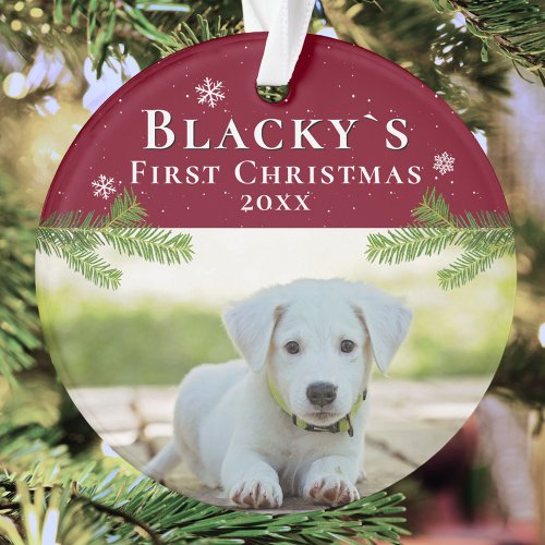 Cute First Christmas Puppy Red Christmas Photo Ornament
