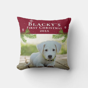 Cute First Christmas Puppy Red Christmas Photo Throw Pillow