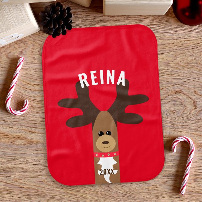 Cute First Christmas Reindeer Girl Red Holiday Baby Burp Cloth (A fun and festive bright red Christmas reindeer burp cloth with space for your little one's name)