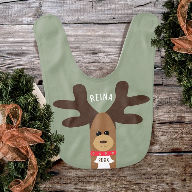 Cute First Christmas Reindeer Holiday Baby Bib (Cute First Christmas Reindeer Holiday Baby Bib with space for your name and year)
