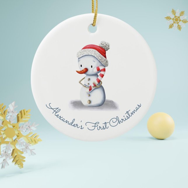 Cute First Christmas Snowman Ceramic Ornament (Snowman with Candy Cane and Hat Baby First Christmas Ornament by Kinda Cute by Patricia Alvarez)