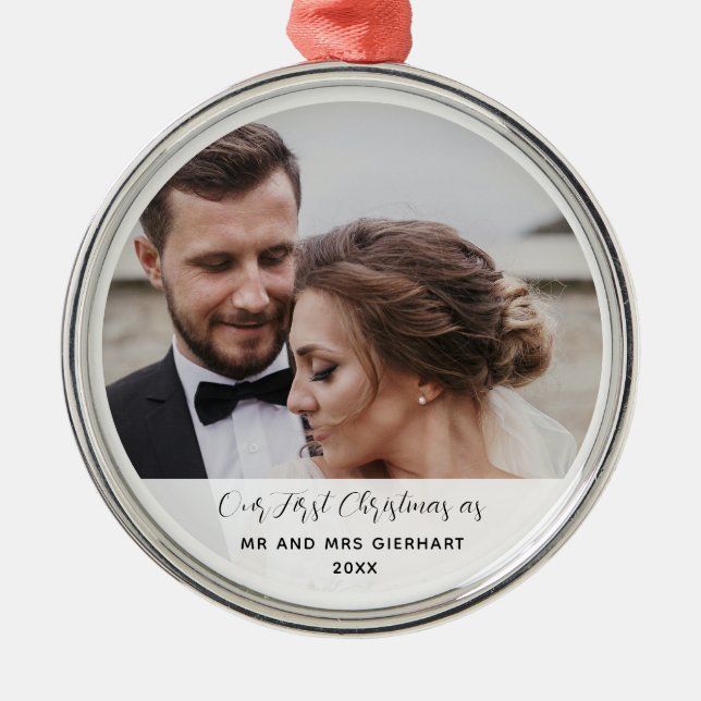 Cute First Christmas Wedding Day Photo Keepsake Metal Ornament (Front)