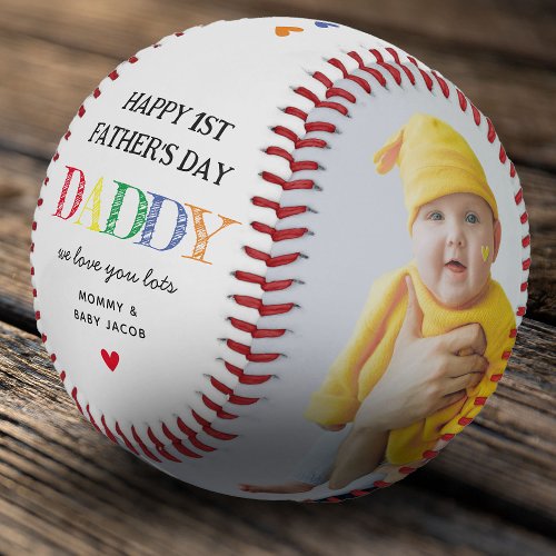 Cute First Fathers Day Daddy 2 Photo Keepsake Baseball