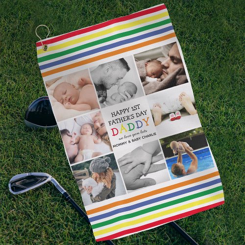 Cute First Fathers Day Daddy  Photo Collage Golf Towel